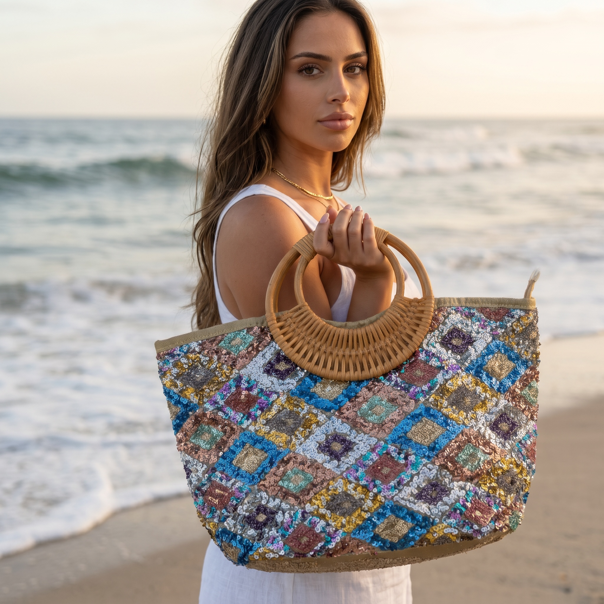 ✨ Sequin Mosaic Beach Tote Bag | Luxury Boho Summer Handbag 🌴
