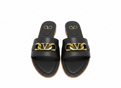 Valentino VLogo Black Slide Sandals 🖤✨ Gold Chain Edition