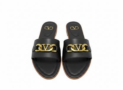 Valentino VLogo Black Slide Sandals 🖤✨ Gold Chain Edition