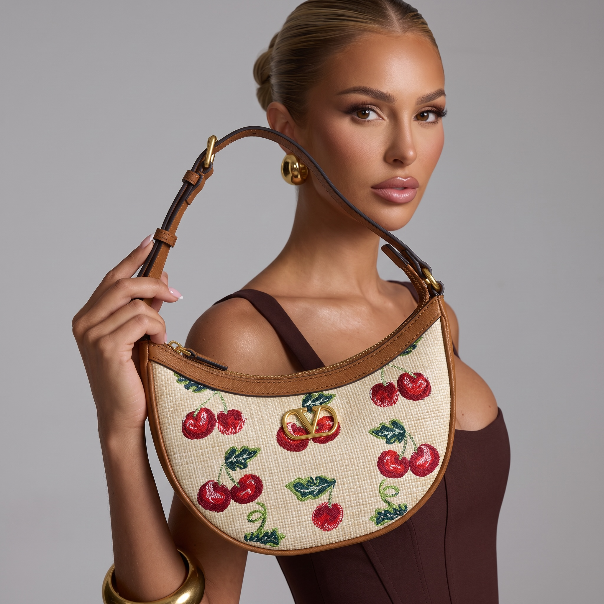 🍒 Valentino Cherry Embroidered Hobo Bag – Tan