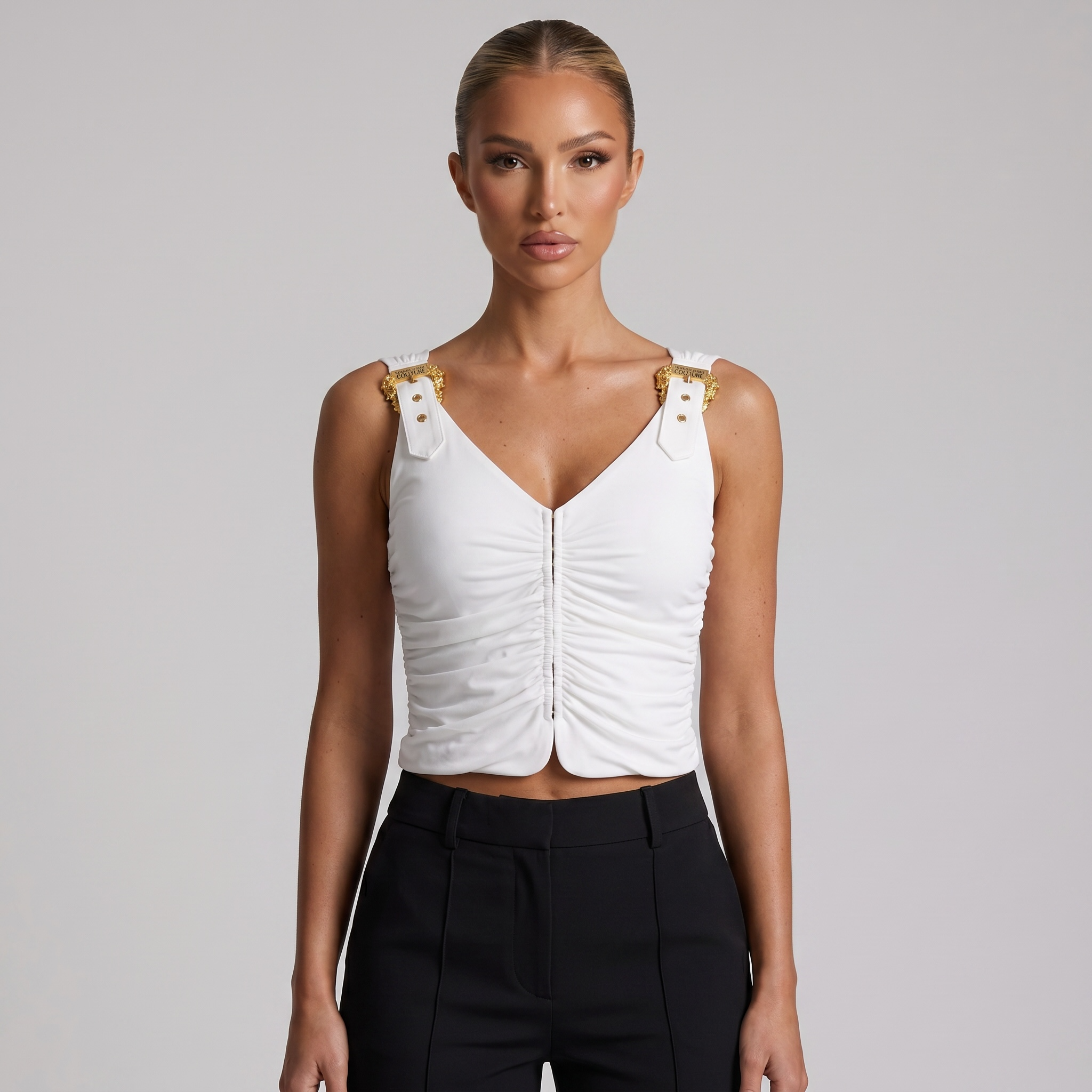🤍 Versace Jeans Couture Ruched Buckle Top ✨