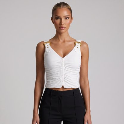 🤍 Versace Jeans Couture Ruched Buckle Top ✨