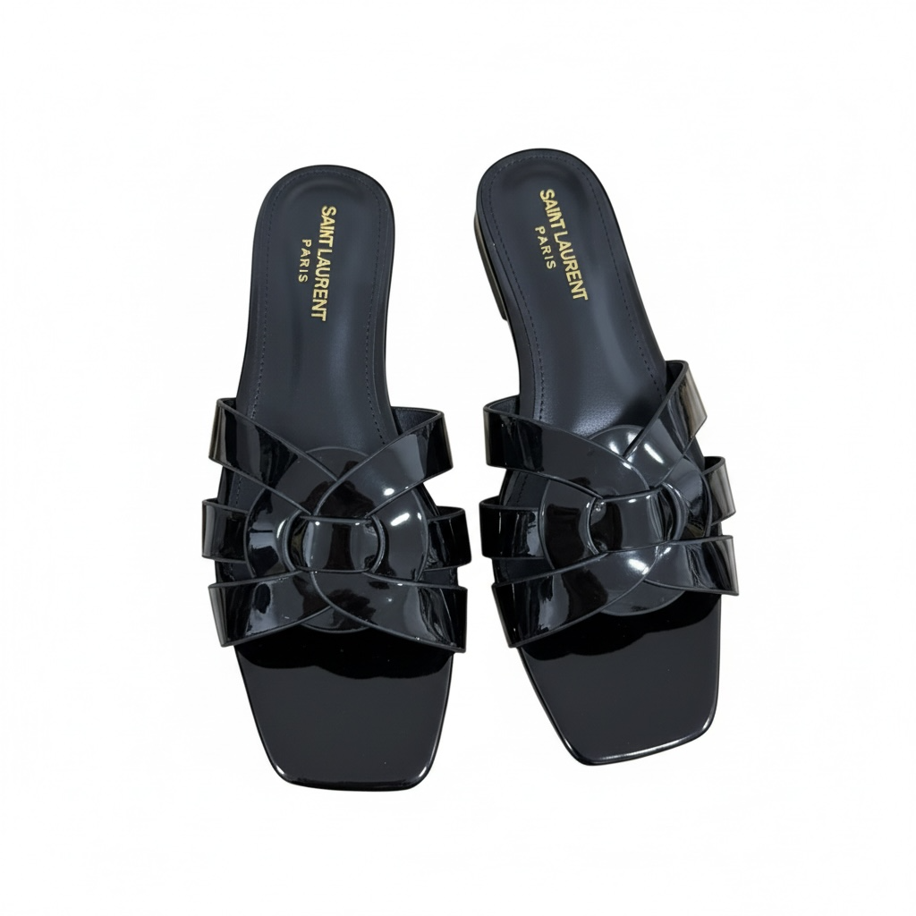 SAINT LAURENT Interlaced Patent Slides 🖤✨ | Glossy Statement Flats