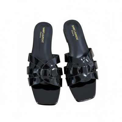 SAINT LAURENT Interlaced Patent Slides 🖤✨ | Glossy Statement Flats