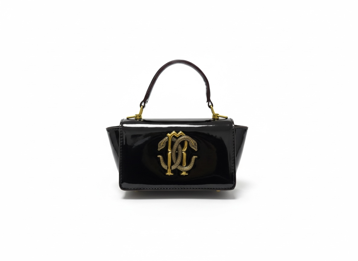 ROBERTO CAVALLI RC Mini Patent Bag – Black Gold 🖤✨ | Glossy Luxury Icon
