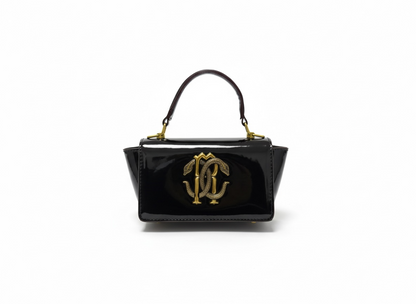 ROBERTO CAVALLI RC Mini Patent Bag – Black Gold 🖤✨ | Glossy Luxury Icon