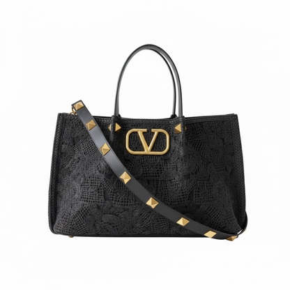 Valentino Garavani Black Lace Tote – VLogo Rockstud Strap 🖤✨