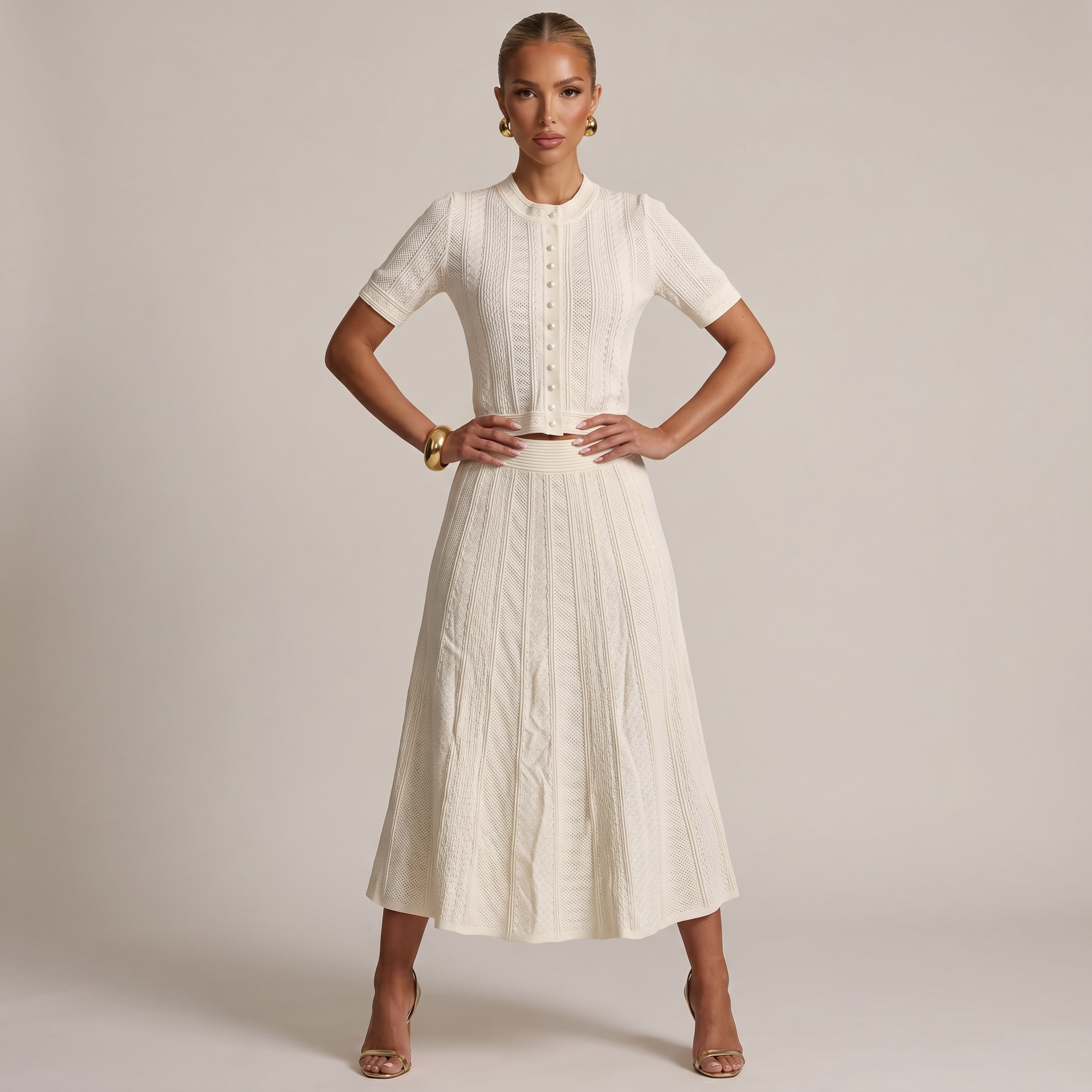 Sandro Cream Knit Two-Piece Skirt Set with Pearl Buttons 🤍✨