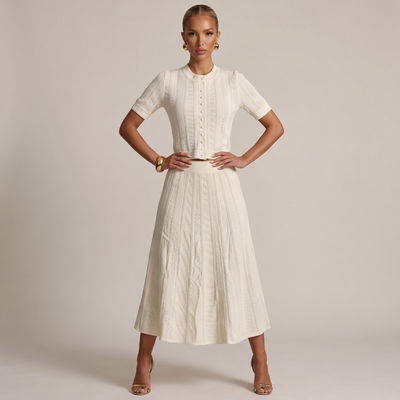 Sandro Cream Knit Two-Piece Skirt Set with Pearl Buttons 🤍✨