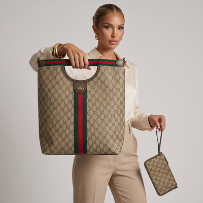 👜 Gucci GG Canvas Tote Bag with Web Stripe & Matching Pouch