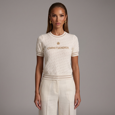 🤍 Christian Dior Textured Knit Short Sleeve Sweater – Ivory ( one size )