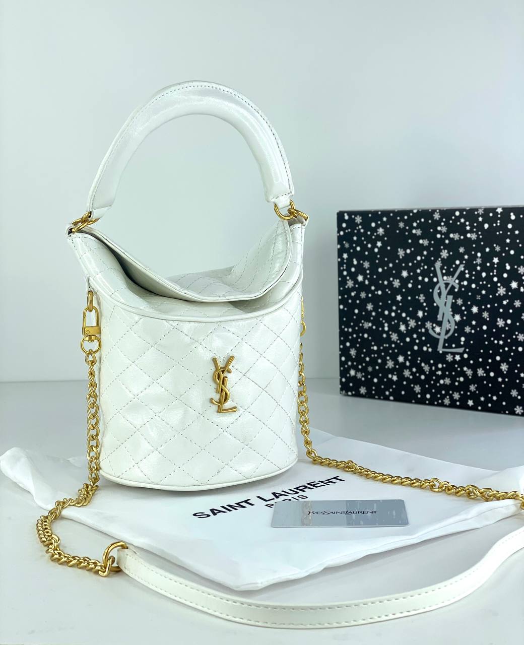 Saint Laurent Quilted Leather Bucket Bag with Gold Chain