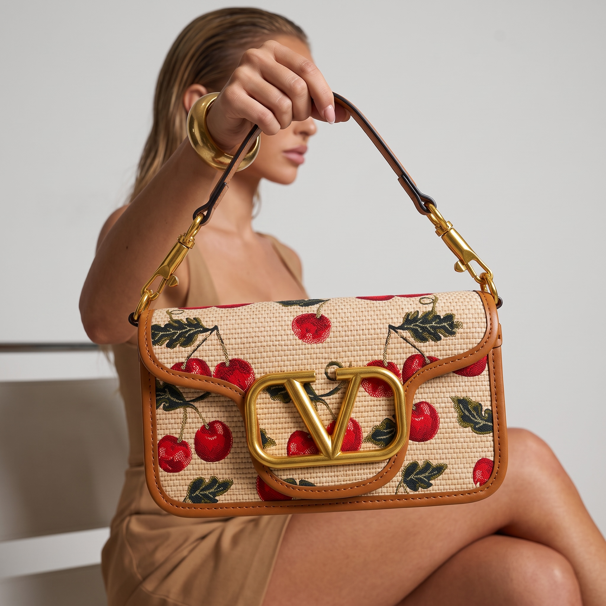 🍒 Valentino Cherry Embroidered VLogo Shoulder Bag – Tan