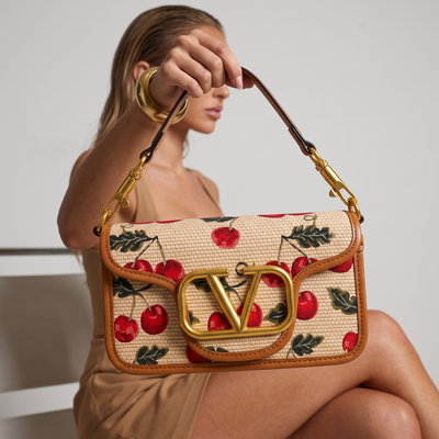 🍒 Valentino Cherry Embroidered VLogo Shoulder Bag – Tan