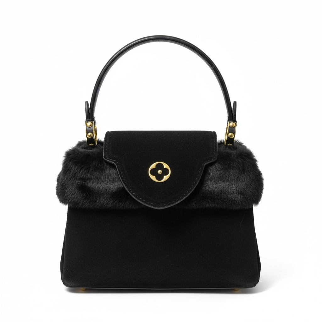 Black Top Handle Bag with Fur Trim and Gold LV Logo 🖤✨