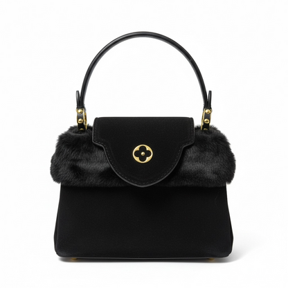 Black Top Handle Bag with Fur Trim and Gold LV Logo 🖤✨