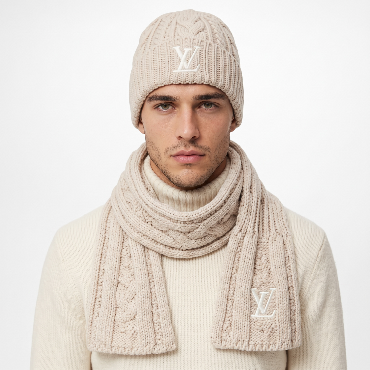 🤍 Louis Vuitton Ivory Cable Knit Beanie & Scarf Set – Elegant Winter Essential ❄️