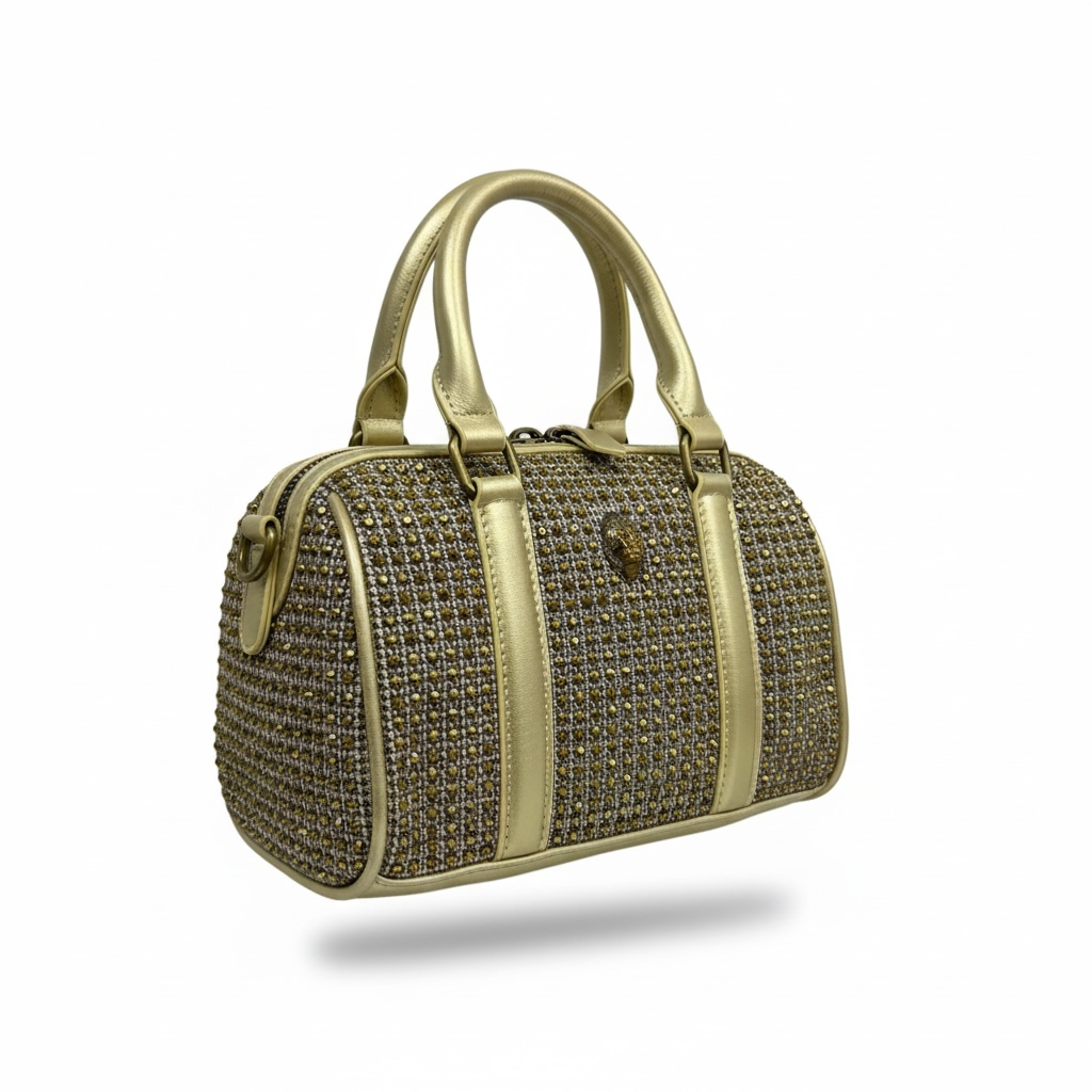 ✨ Kurt Geiger Gold Crystal Embellished Boston Bag – Luxury Top Handle Handbag