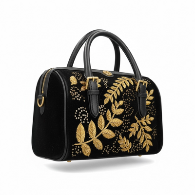 Tory Burch Black Embroidered Top-Handle Bag with Gold Leaf Motif ✨🖤