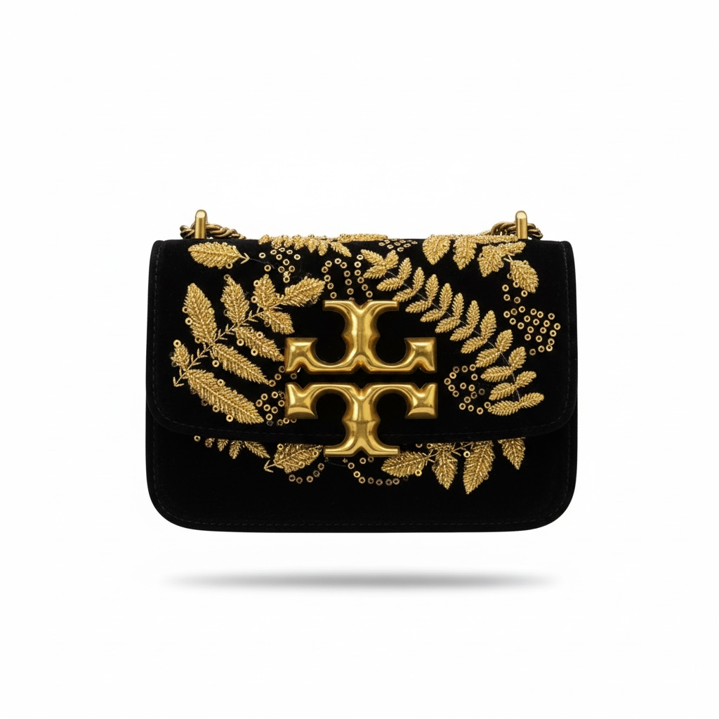 Tory Burch Embroidered Velvet Shoulder Bag – Black & Gold ✨🖤