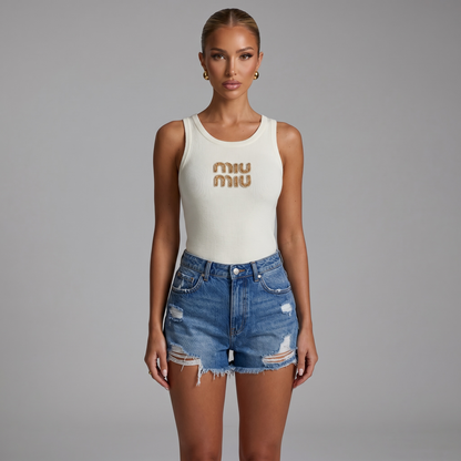 🤍 Miu Miu Crystal Logo Ribbed Tank Top – Ivory ✨one size