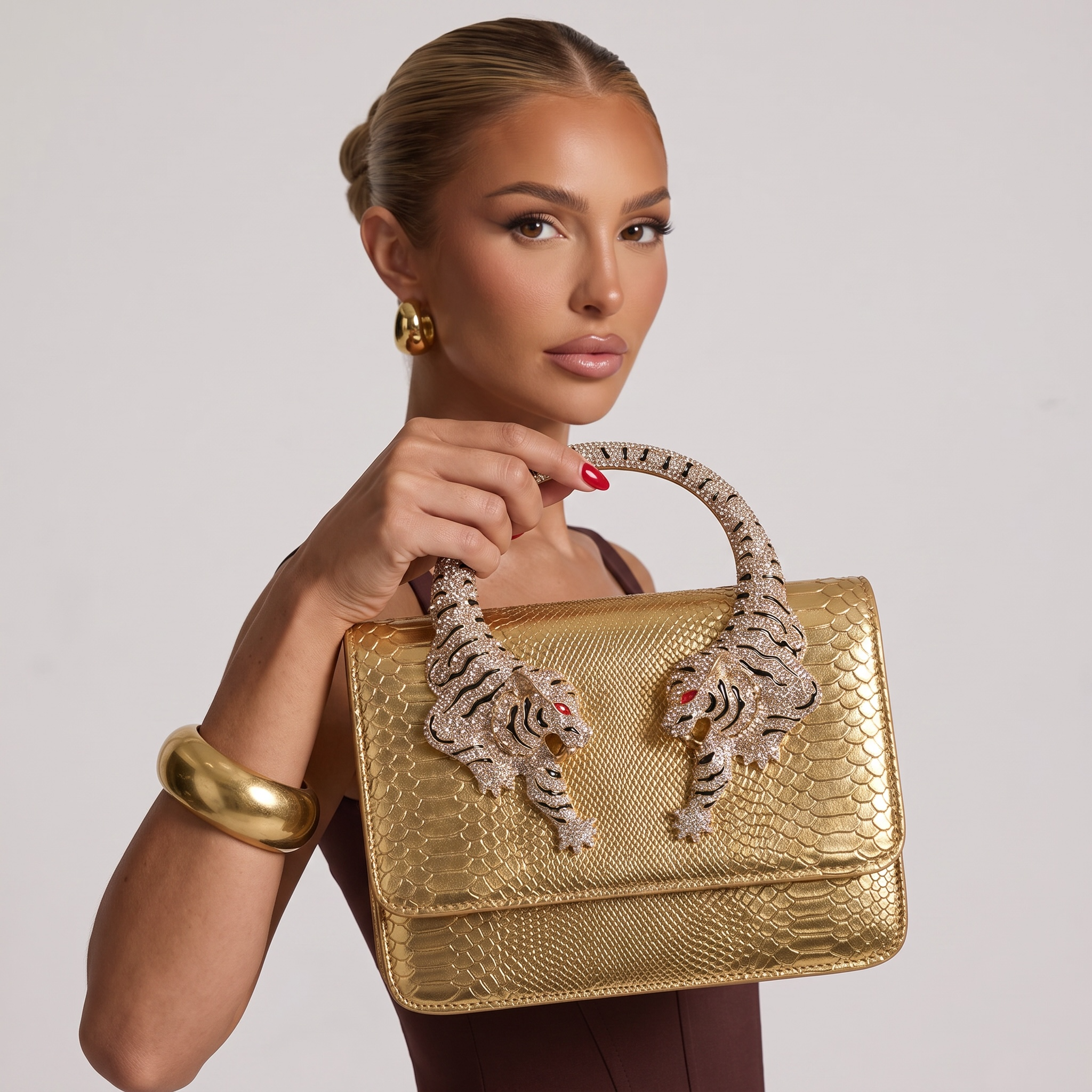 👜 Roberto Cavalli Gold Snake-Effect Top Handle Bag with Tiger Head Handle