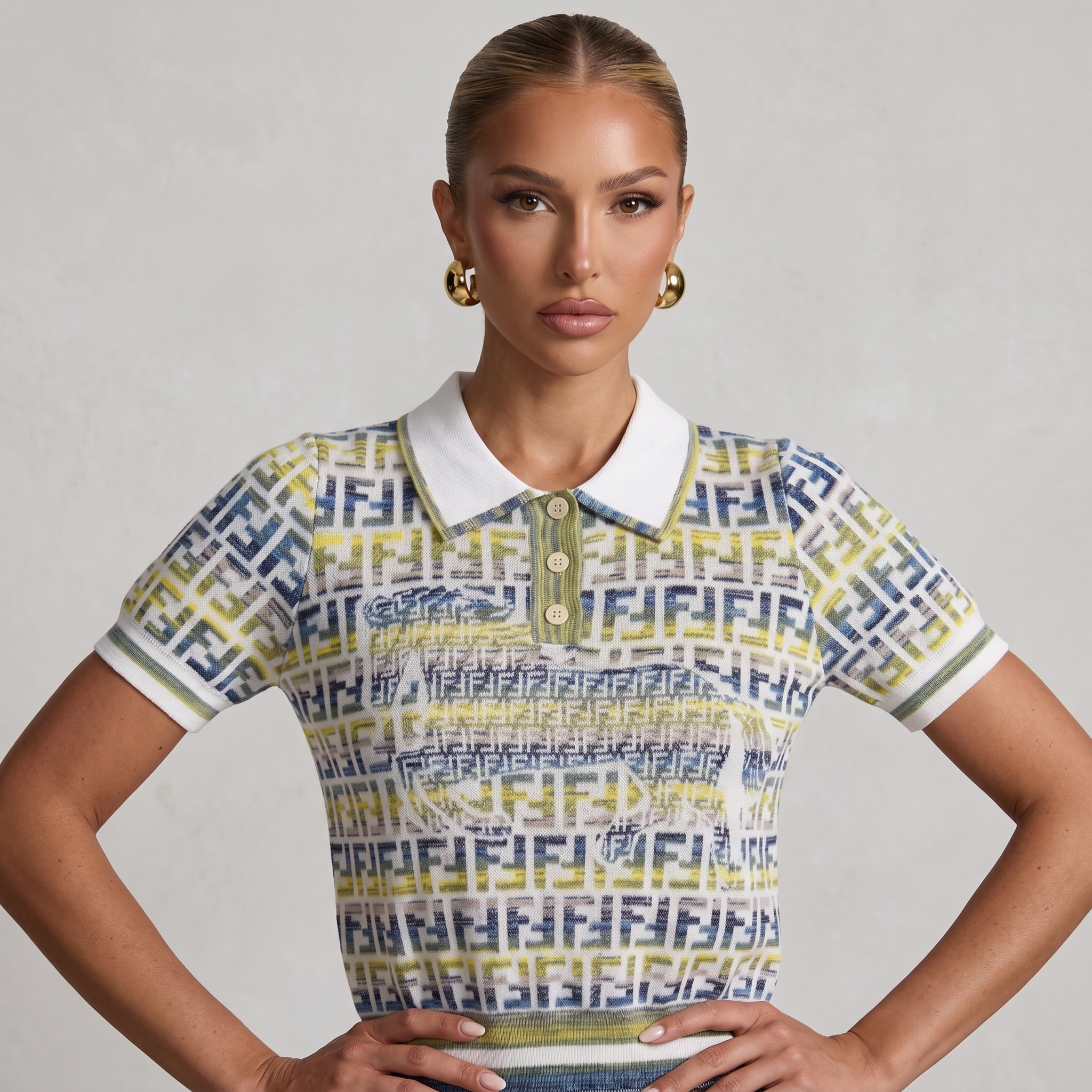 💚 Fendi FF Monogram Knit Polo Top – Sage Green Edition