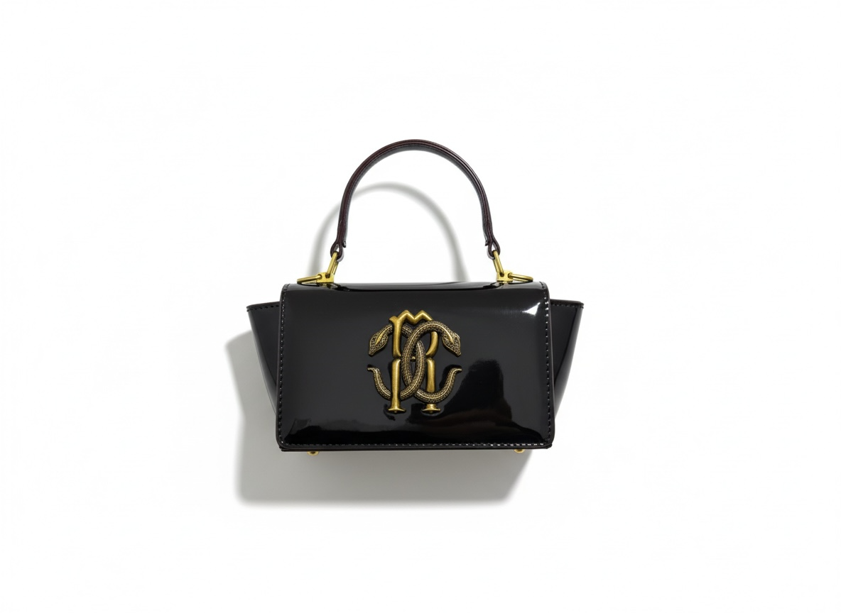 ROBERTO CAVALLI RC Mini Patent Bag – Black Gold 🖤✨ | Glossy Luxury Icon