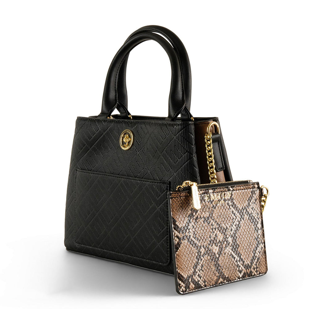 Emily Loran Black Textured Handbag with Snake Accent 🖤👜✨