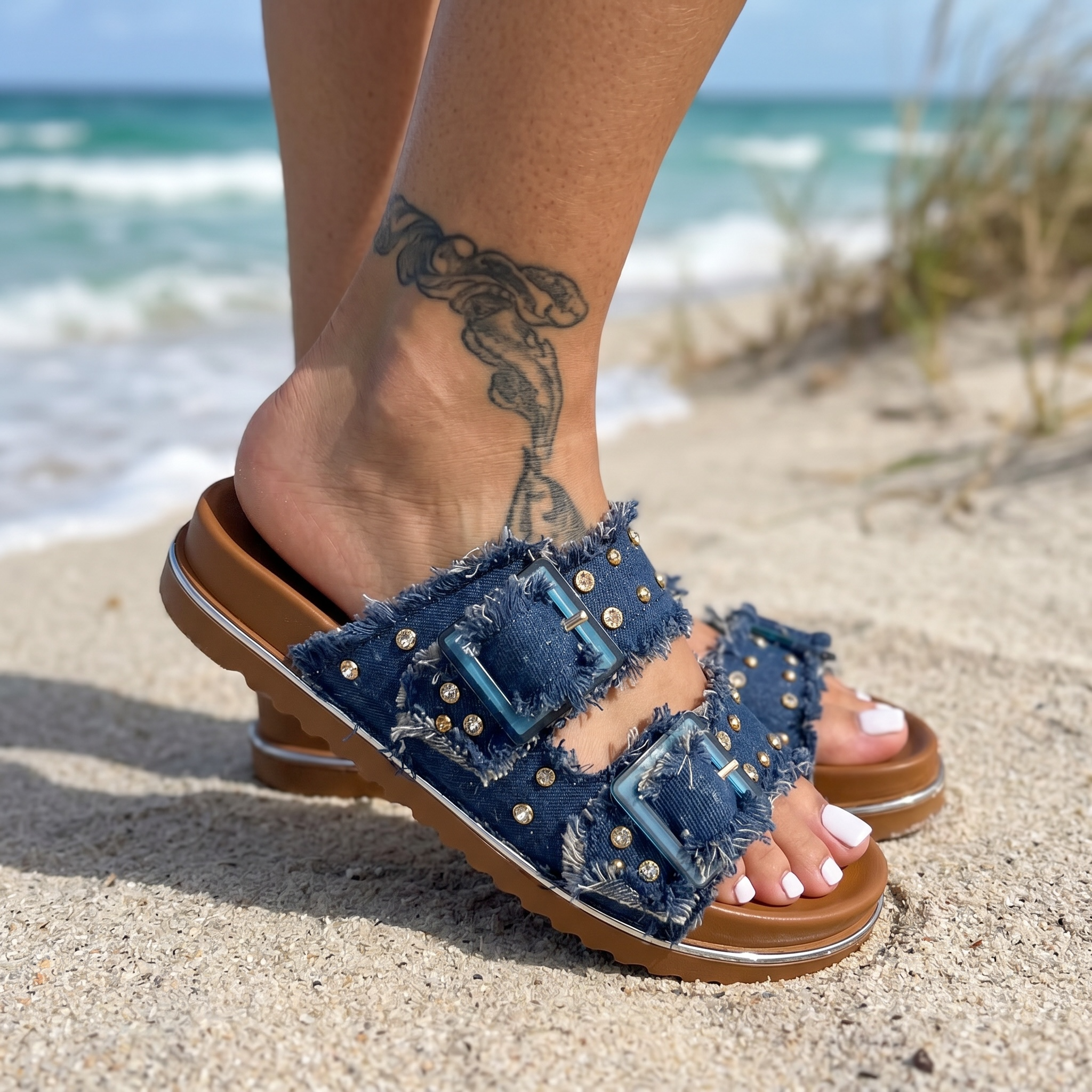 Boho Luxe Studded Dark Denim Double-Strap Slide Sandals 💙✨👡