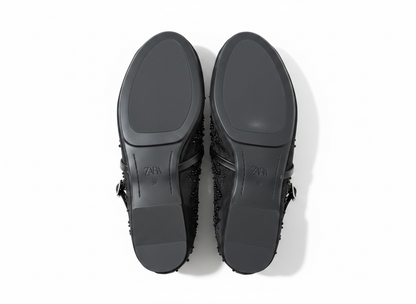 Zara Embellished Mary Jane Ballet Flats – Midnight Black Edition 🖤✨