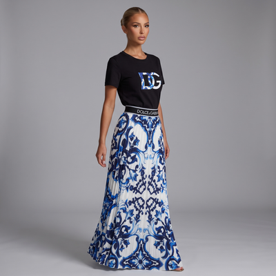 🖤💙 Dolce & Gabbana Majolica T-Shirt & Pleated Maxi Skirt Set |