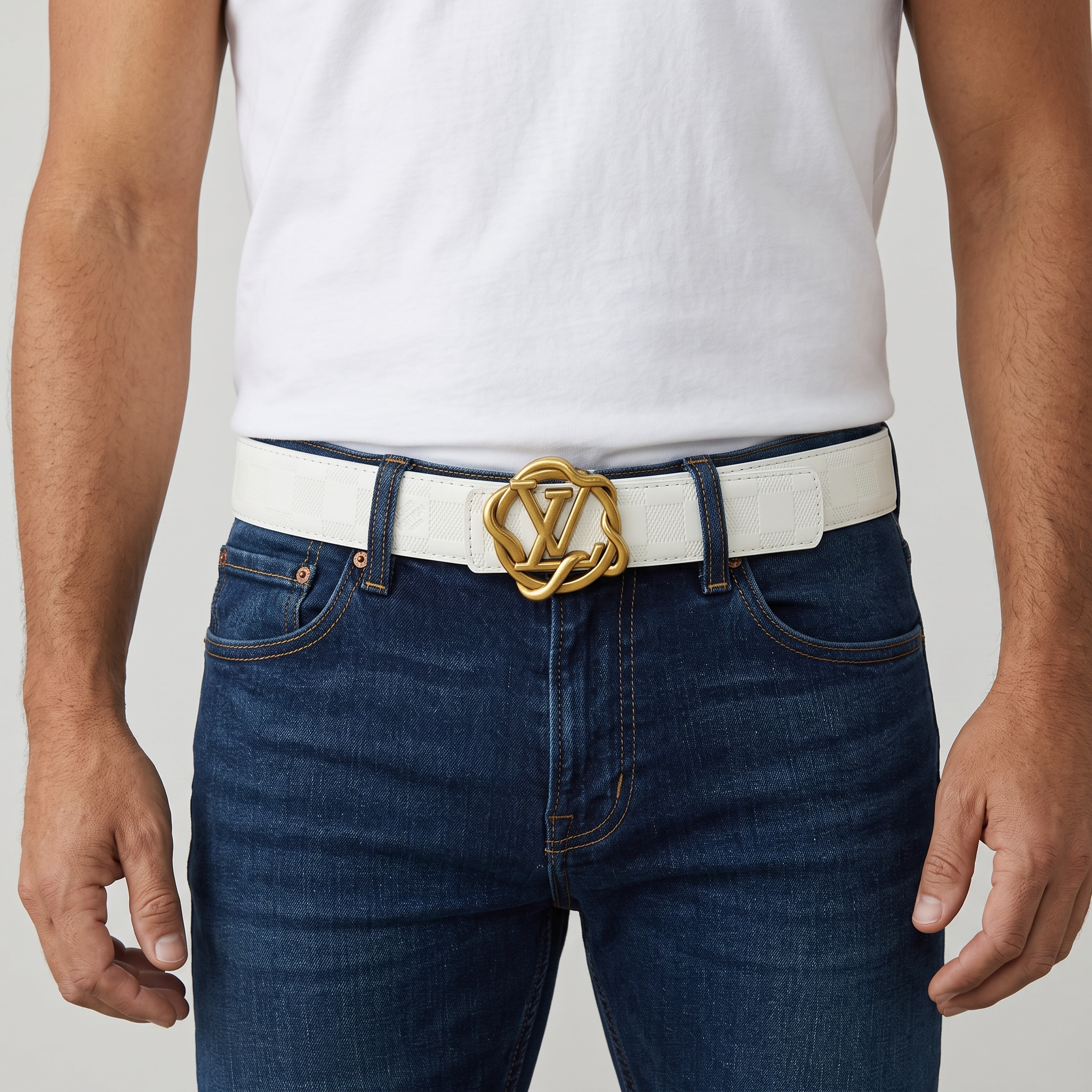 Louis Vuitton White Monogram Belt – Gold LV Buckle ✨ |