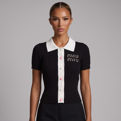 🖤 Miu Miu Cable Knit Contrast Collar Polo Top (one size)