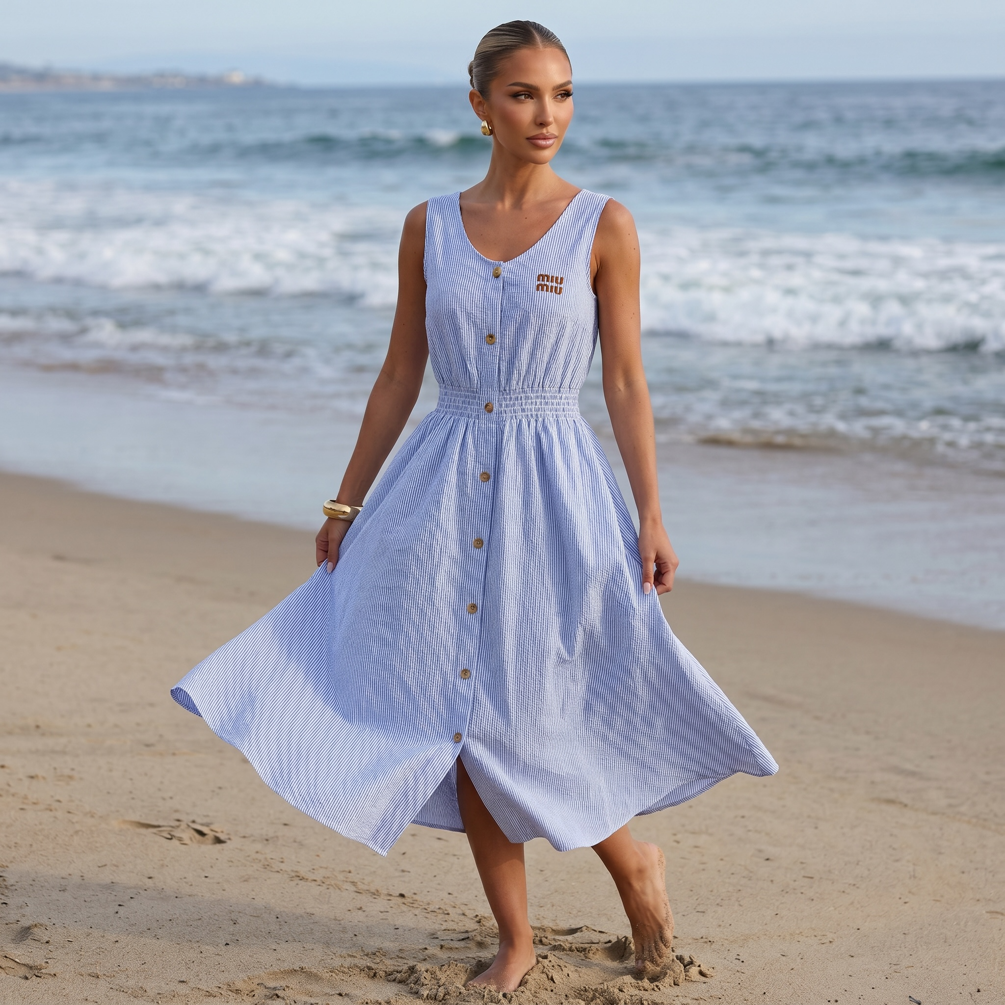 💙 Miu Miu Striped Sleeveless Cotton Midi Dress ✨