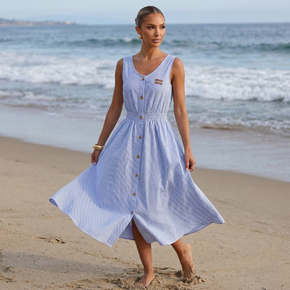 💙 Miu Miu Striped Sleeveless Cotton Midi Dress ✨