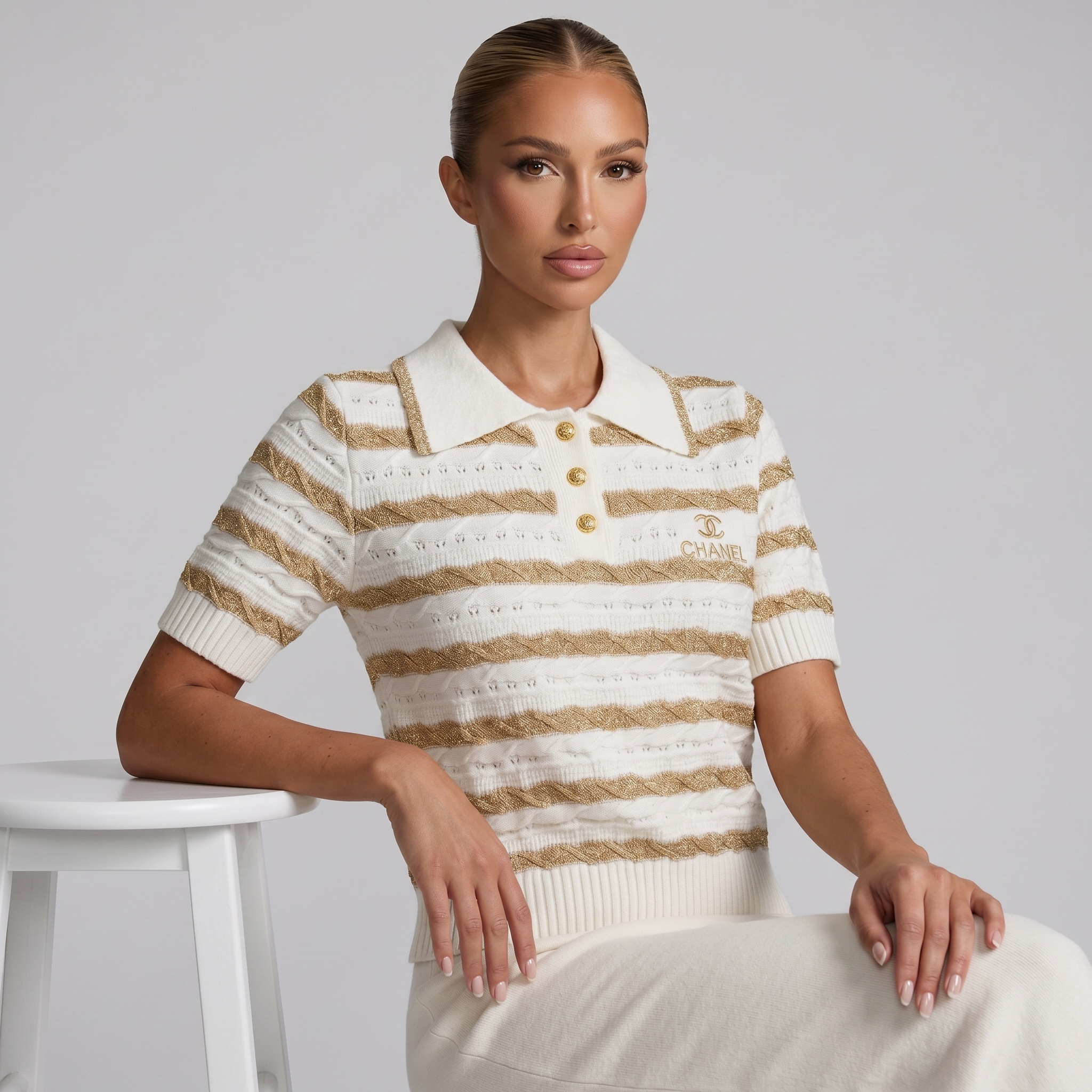 ✨ Chanel White & Gold Striped Knit Polo Top