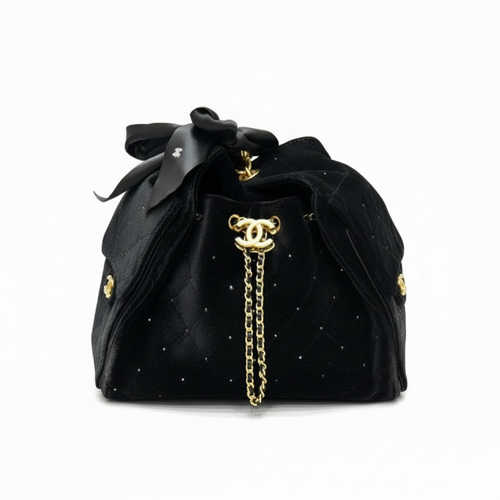 Chanel Velvet Crystal Quilted Shoulder Bag – Black & Gold ✨🖤