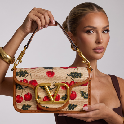 🍒 Valentino Cherry Embroidered VLogo Shoulder Bag – Tan