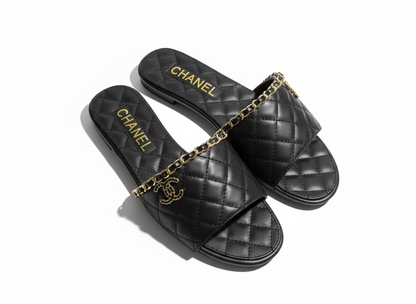 CHANEL Quilted Chain Slides – Black Gold 🖤✨ | Effortless Luxury Comfort