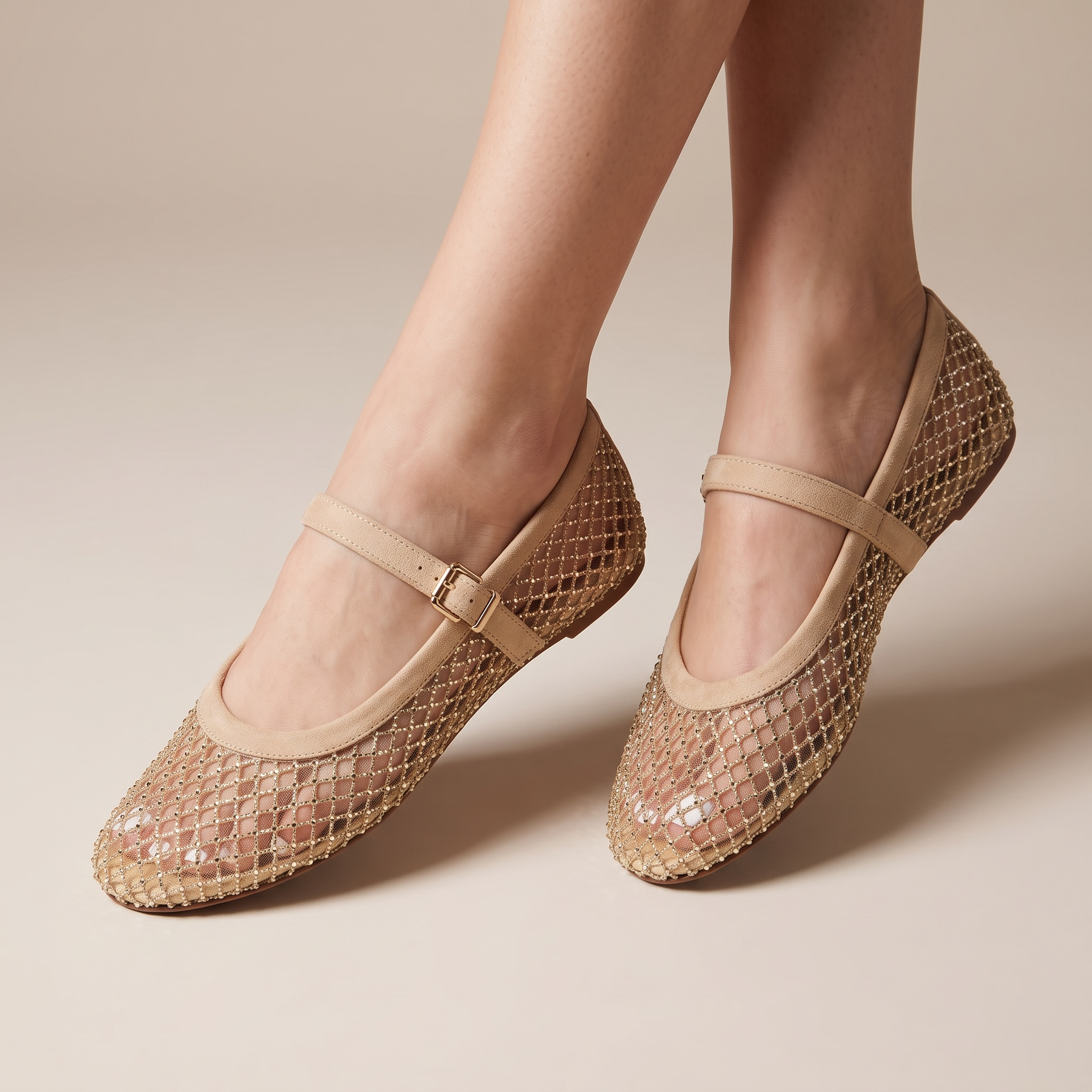 ✨ Alaïa Mesh Mary Jane Ballet Flats – Gold Beige