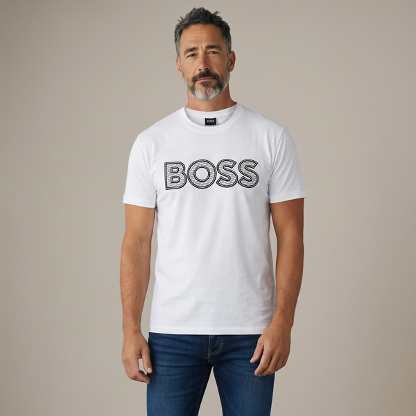 HUGO BOSS White Textured Logo T-Shirt 🤍🖤 Premium Statement Edition