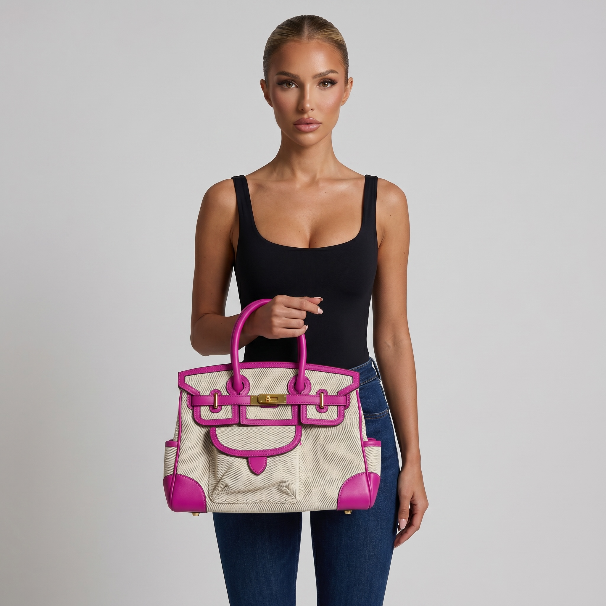 💖 Hermès-Inspired Canvas Tote Bag – Pink Trim Luxury Handbag