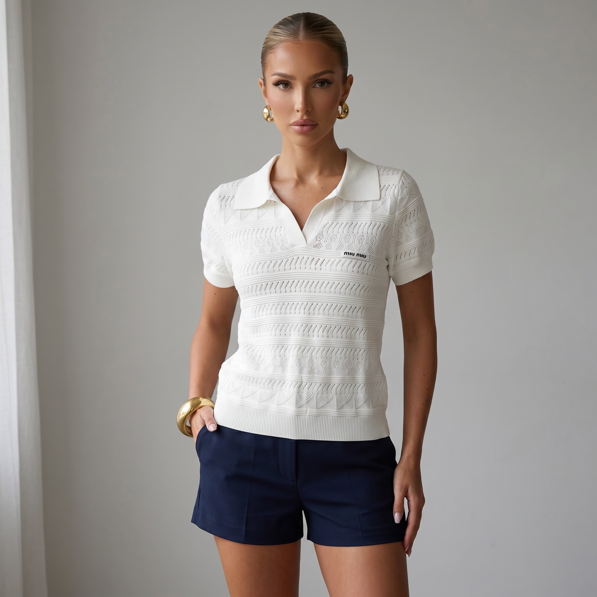 ✨ Miu Miu Openwork Knit Polo Top – White (one size)