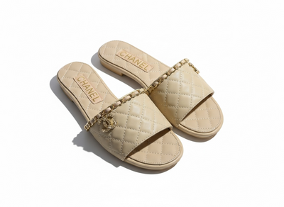 CHANEL Quilted Chain Slides – Beige 🤍✨ | Classic Luxury Comfort