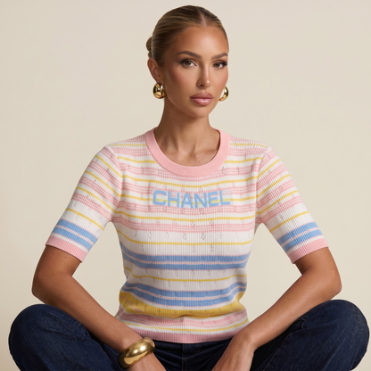 🌸 Chanel Pastel Stripe Ribbed Knit Top