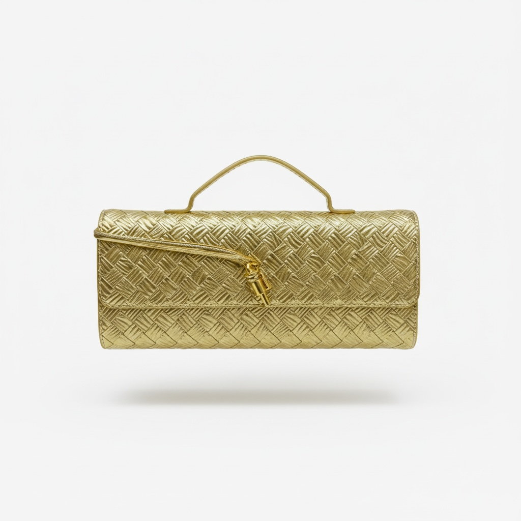✨ Bottega Veneta Gold Intrecciato Knot Clutch – Luxury Evening Handbag ✨
