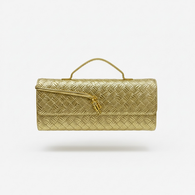 ✨ Bottega Veneta Gold Intrecciato Knot Clutch – Luxury Evening Handbag ✨