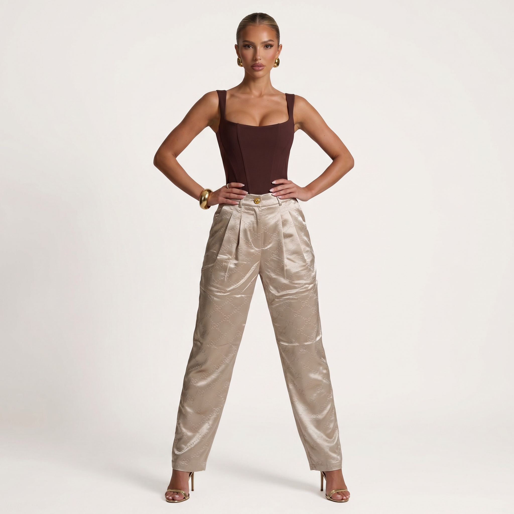 Gucci GG Monogram Satin Wide-Leg Trousers – Champagne Beige ✨🤍