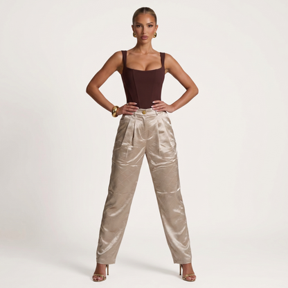 Gucci GG Monogram Satin Wide-Leg Trousers – Champagne Beige ✨🤍